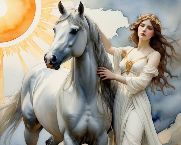 Serene Woman in White Gown Beside White Horse