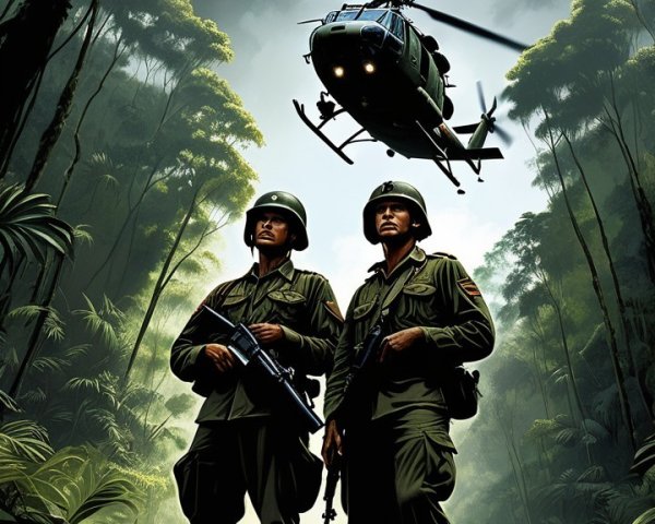 Soldiers in Jungle with Helicopter Above Them