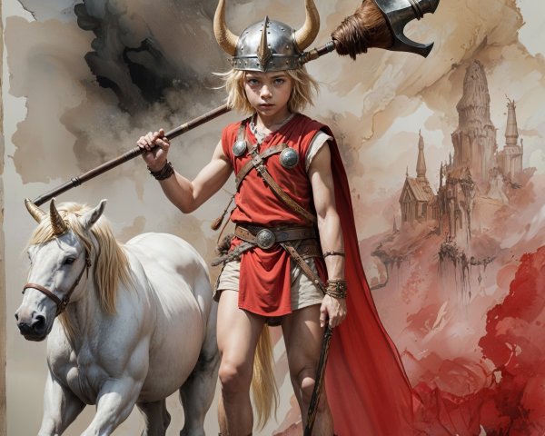 Young Boy in Viking Costume by Water with Horse