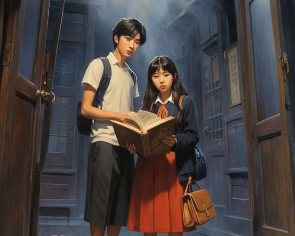 Young Friends at a Dimly Lit Doorway with a Book