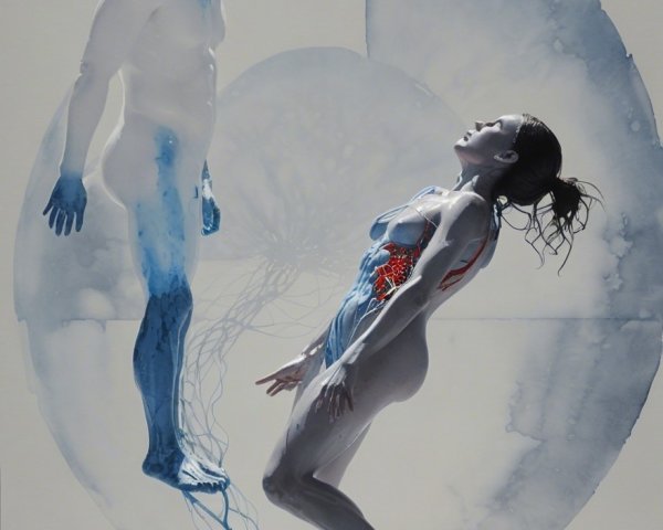Surreal Artwork of Embracing Blue and Red Figures