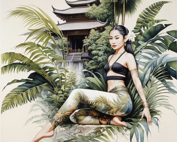 Serene Young Woman in Nature with Asian Pagoda Backdrop