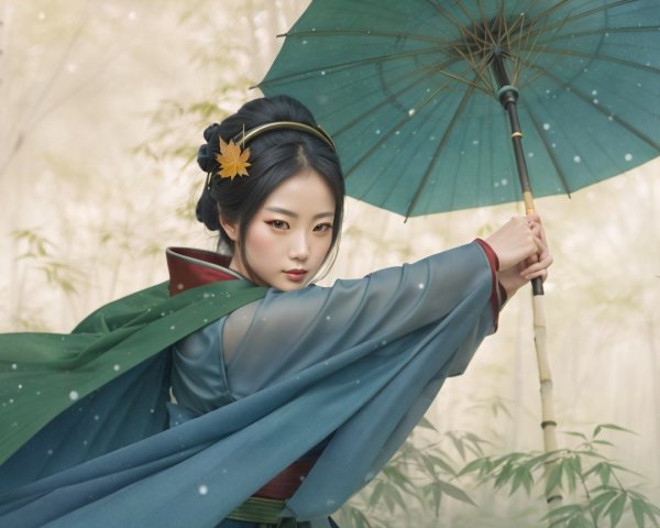 Young woman in bamboo grove with green parasol