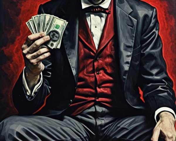 Somber Figure in Black Suit Surrounded by Wealth