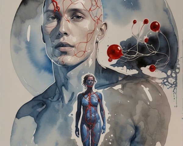 Surreal Human Figure with Intricate Lines and Watercolor