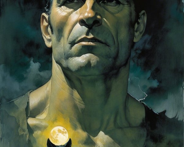 Dramatic Digital Painting of Man and Wolf Under Moon