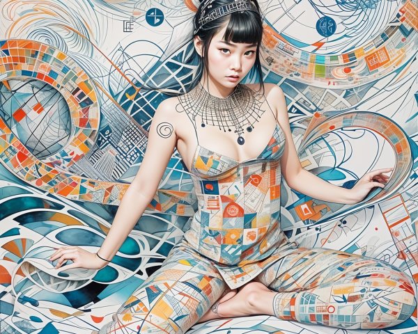 Woman in Fitted Outfit Against Vibrant Patterns