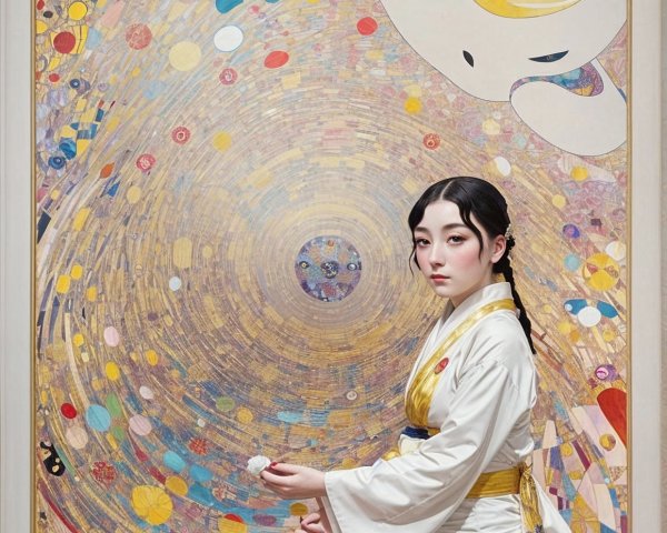 Young Woman in Kimono Against Colorful Abstract Background