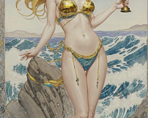 Illustration of a Woman on Rocky Shores with Chalice