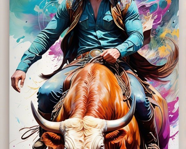 Cowboy Riding Brown Bull in Colorful Dynamic Scene