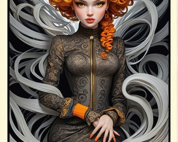Character with Orange Curls and Elegant Black Dress