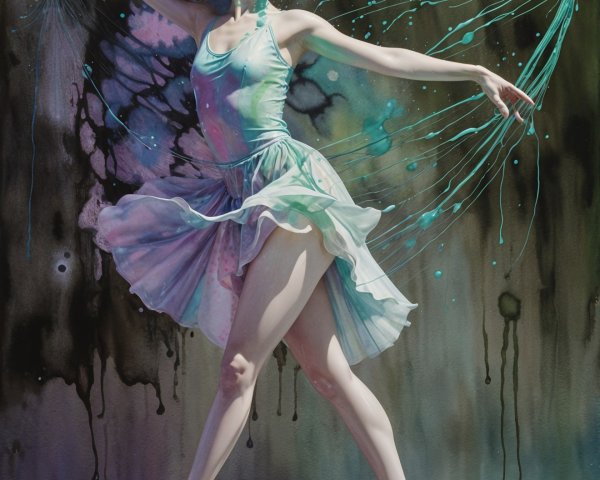 Ballerina in Pastel Dress with Abstract Watercolor Background