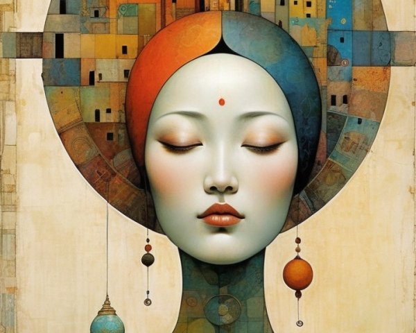 Serene Figure Merging Human Form with Architecture