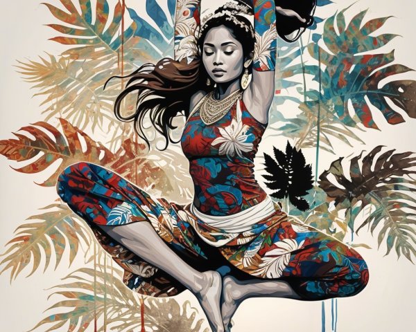 Serene Woman in Vibrant Outfit Amid Tropical Foliage