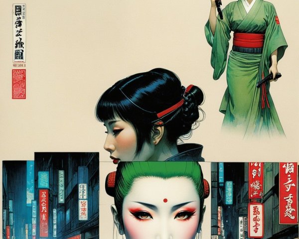 Graphic Novel Art Featuring Young Women and Japanese Script