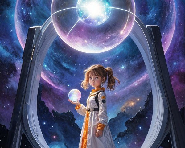 Young girl in futuristic space setting with glowing orb
