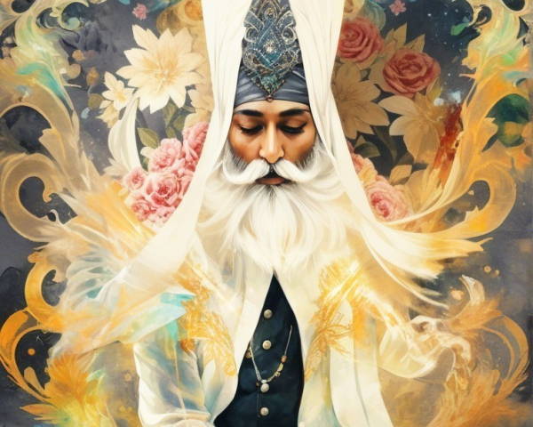 Serene figure in traditional attire with floral designs
