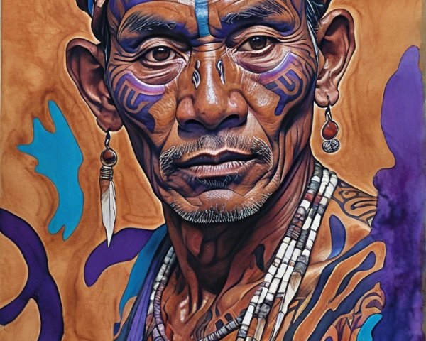 Man with Facial Tattoos and Tribal Patterns