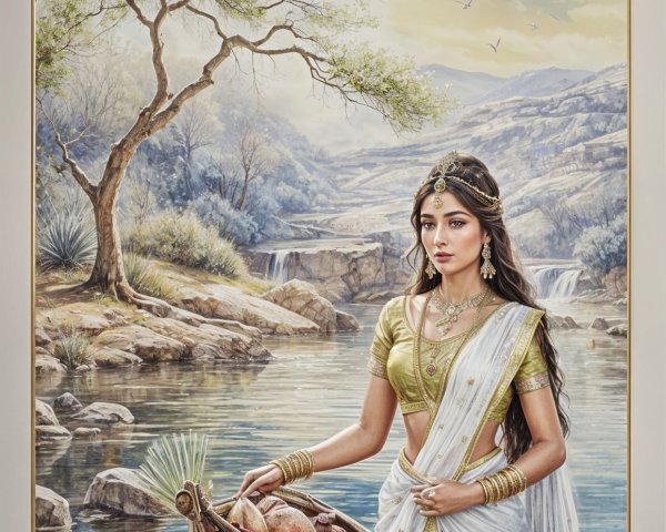 Serene Landscape with Woman in Traditional Attire