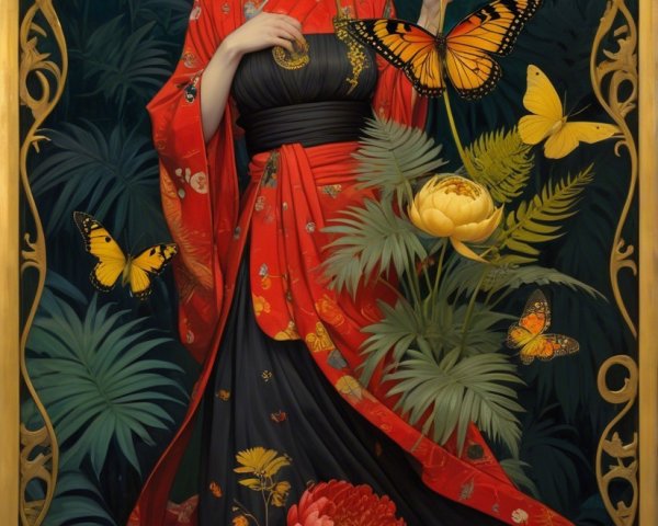 Woman in Red and Black Kimono Surrounded by Nature