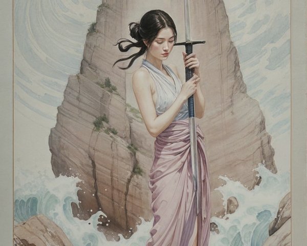 Young Woman with Sword on Rocky Shoreline