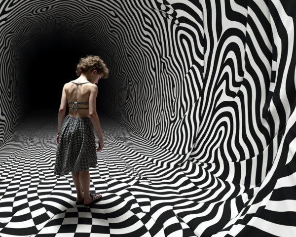 Surreal Tunnel with Black and White Patterns and Figure