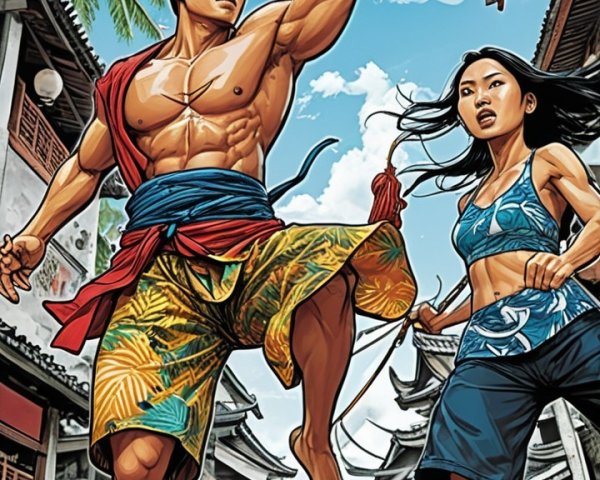 Tropical Scene with Agile Man and Determined Woman