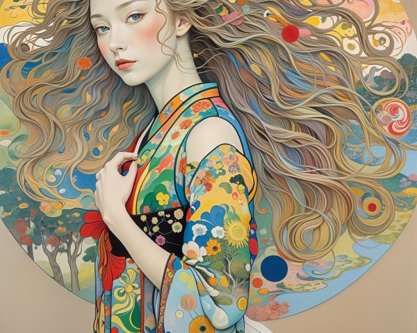 Young woman in vibrant kimono with floral backdrop