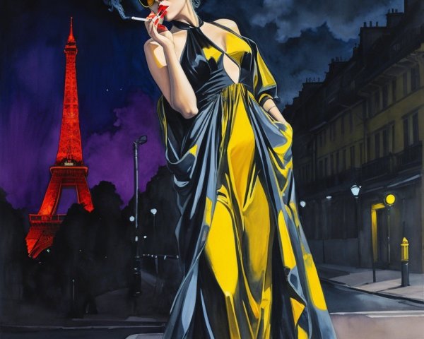 Elegant Woman in Yellow Gown on Paris Street at Night