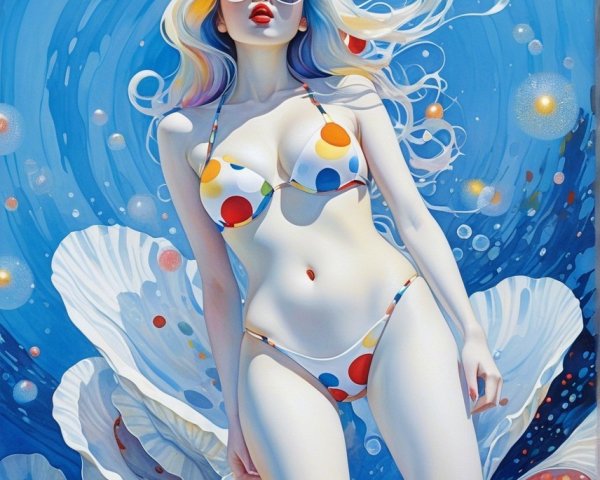 Vivid Illustration of a Woman in Polka Dot Bikini