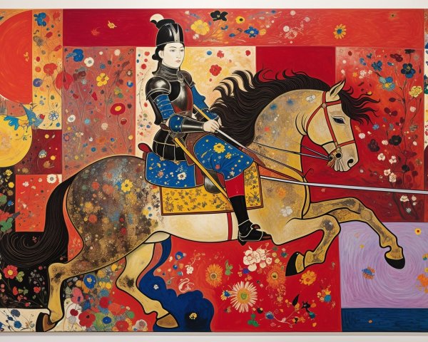 Vibrant Knight in Armor on Horse with Floral Background