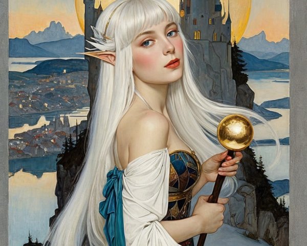 Mystical Elf Maiden Under Moonlight with Castle View