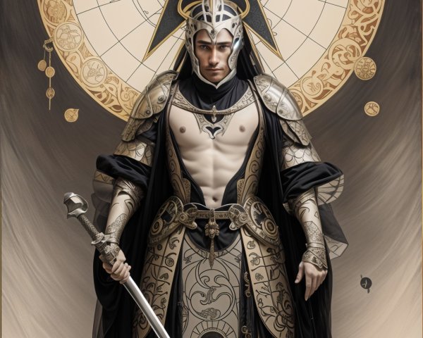 Majestic Figure in Ornate Armor with Sword and Design