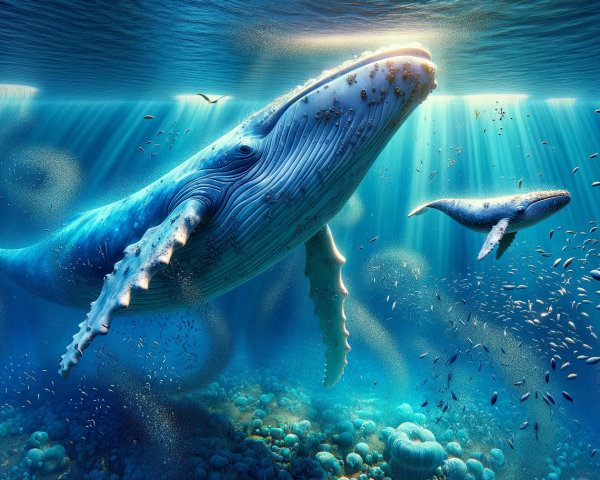 Underwater Scene with Humpback Whale and Calf