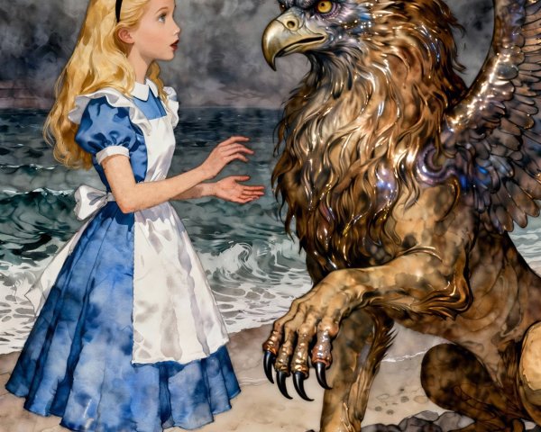 Watercolor Painting of Alice and a Griffin at Beach