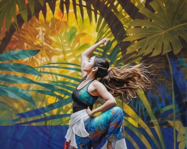 Dancer in Dynamic Pose Against Tropical Backdrop