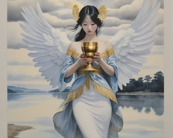 Elegant figure with wings and golden chalice in landscape