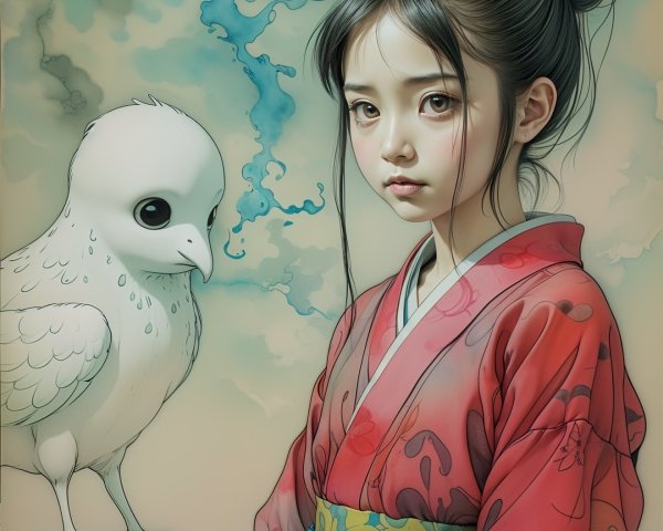Young girl in vibrant kimono with whimsical bird