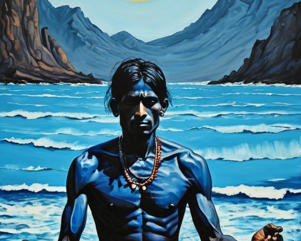 Meditative Figure on Beach with Colorful Food Spread