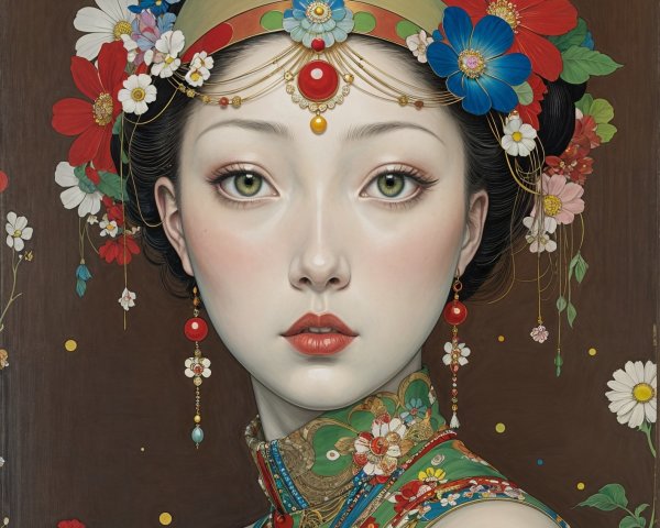 Realistic Woman in Traditional Chinese Dress with Headdress