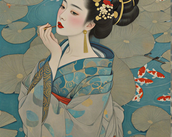 Traditional Kimono Woman Surrounded by Water Lilies