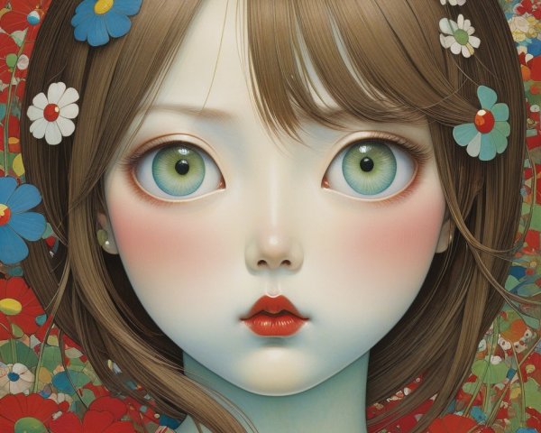 Porcelain art doll with floral background and details