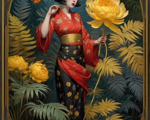 Graceful figure in red kimono among lush foliage