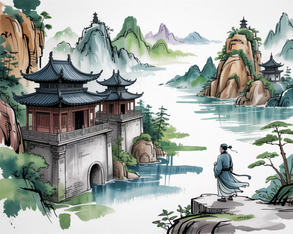 Serene Landscape with Traditional Chinese Architecture