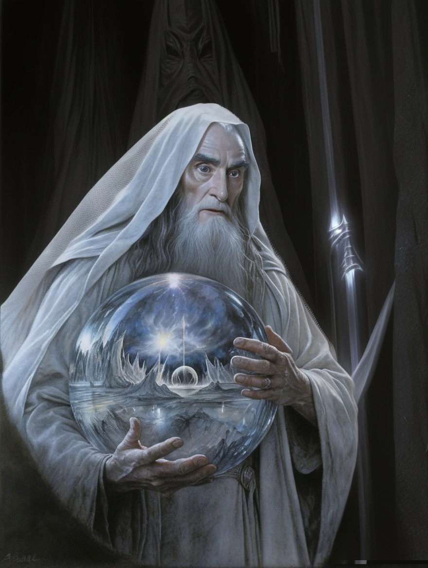 Elderly figure with crystal orb in mystical landscape