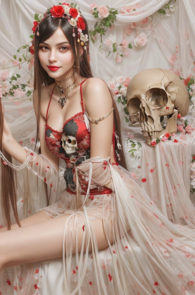 Woman in Red and White Dress with Skull, Roses, and Draped Fabric