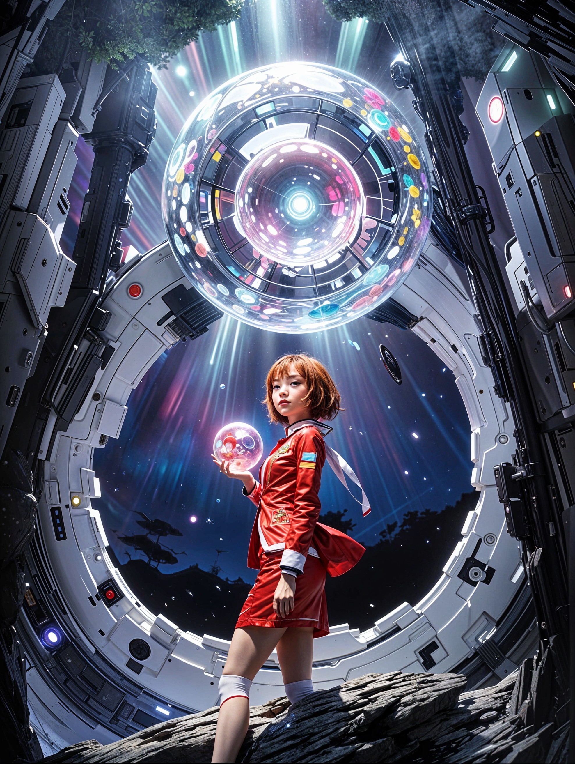 Young Woman in Red Outfit in Futuristic Landscape