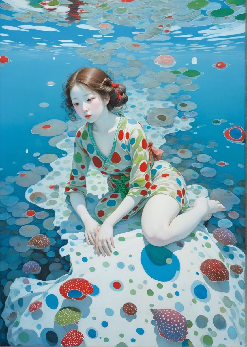 Serene Woman in Polka-Dotted Kimono Underwater