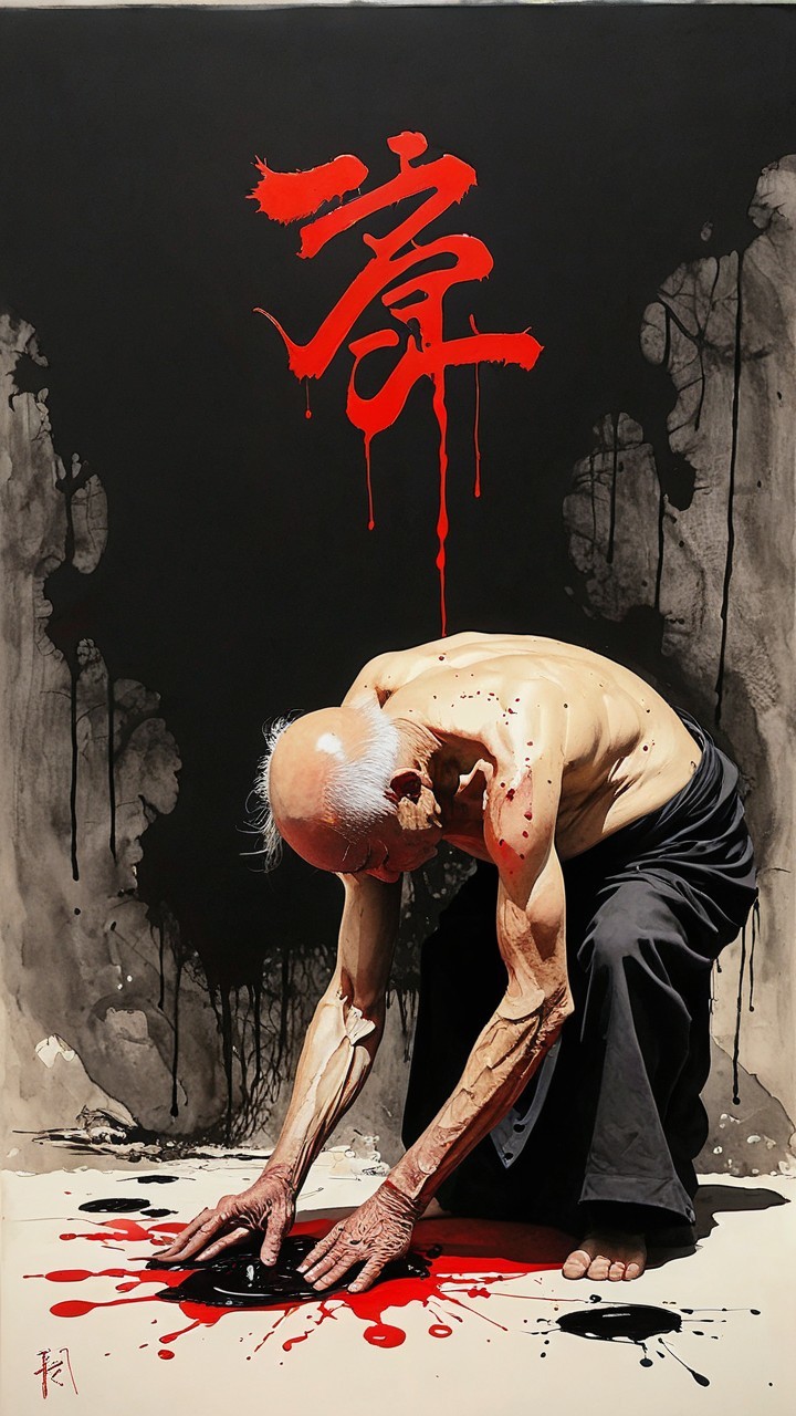 Elderly Man with Muscular Build Against Dark Background