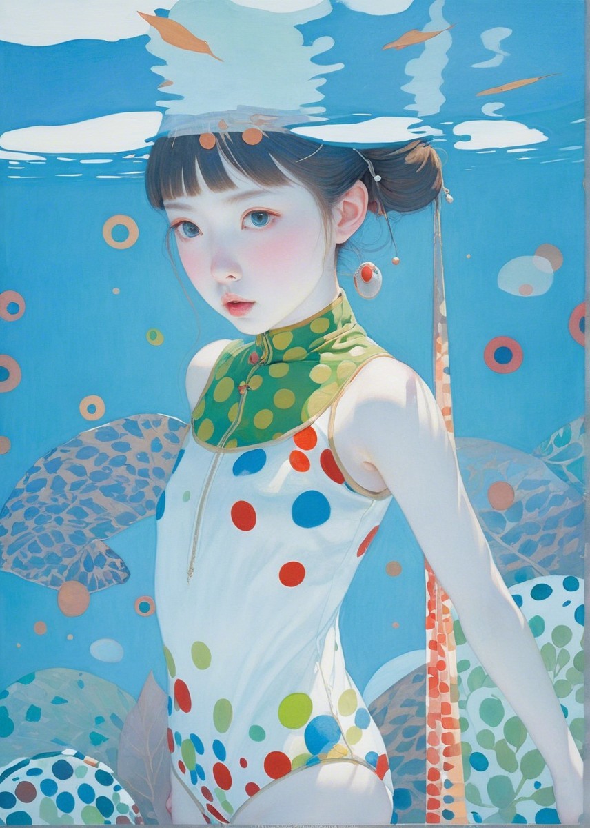 Young girl underwater in polka-dotted swimsuit